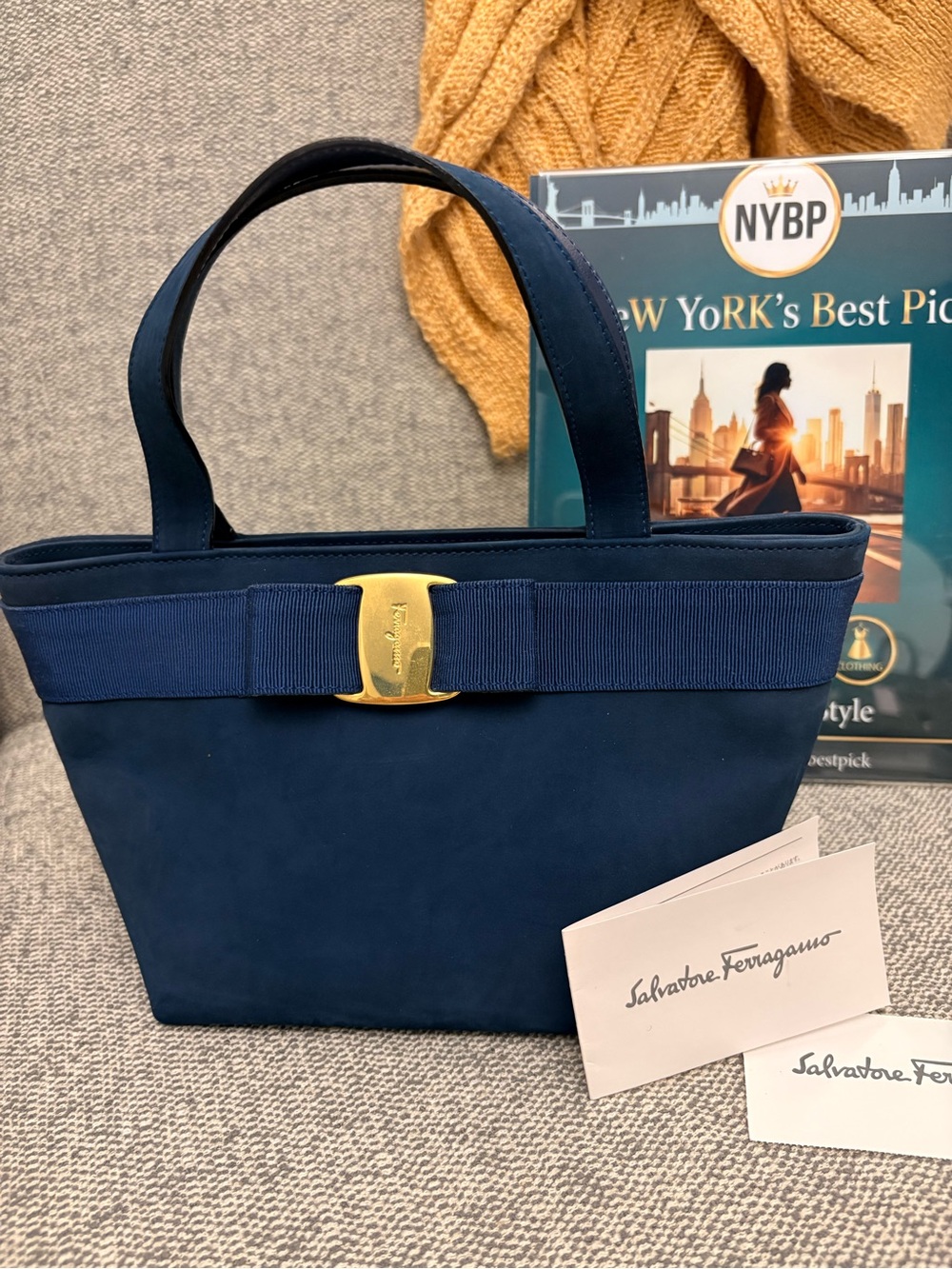 Salvatore Ferragamo Mini Navy Suede Vara Bow Tote with Gold Buckle